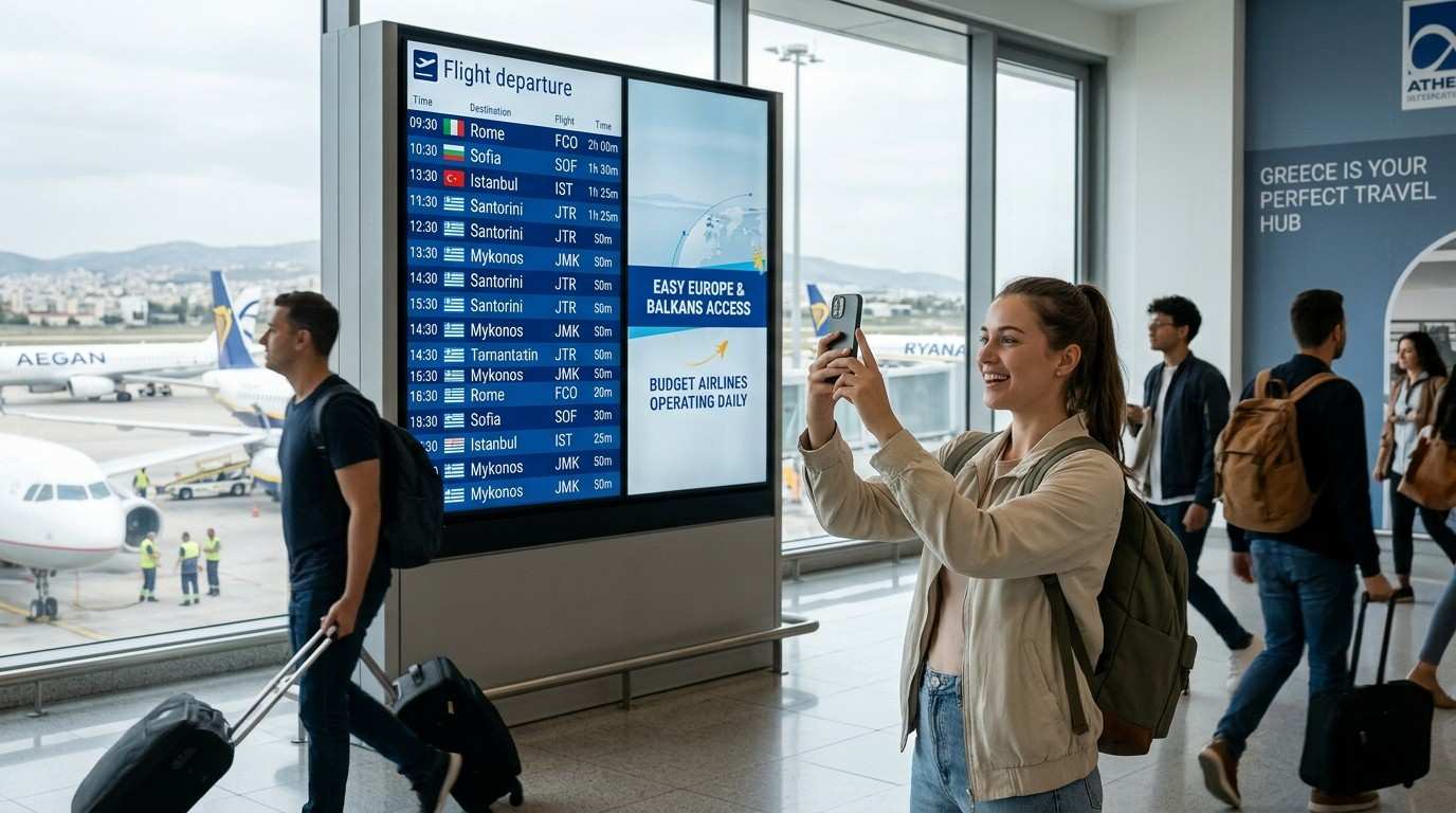 Students walking through an airport terminal past a flight departures board, traveling to study abroad in Greece.