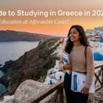 A female student holding notebooks with a scenic sunset background of Santorini, Greece, for a 2026 study abroad in Greece guide.