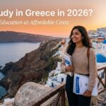 A female student holding notebooks with a scenic sunset background of Santorini, Greece, for a 2026 study abroad in Greece guide.