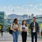 Four international students walking on a South Korean campus with a digital overlay showing study, work, and residency visa pathways.