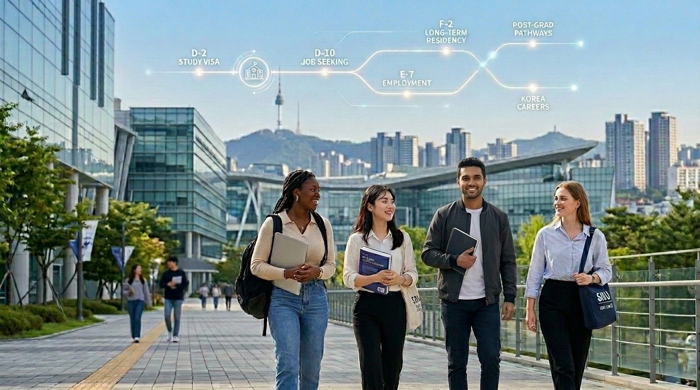 Four international students walking on a South Korean campus with a digital overlay showing study, work, and residency visa pathways.