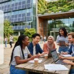 A diverse group of international college students collaborating at an outdoor table on a sustainable university campus with solar panels, featuring a graphic overlay of icons for global sustainability, clean energy, and economic growth. THE 2026 Ratings