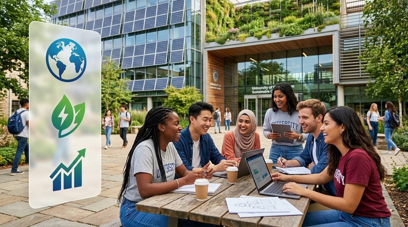 A diverse group of international college students collaborating at an outdoor table on a sustainable university campus with solar panels, featuring a graphic overlay of icons for global sustainability, clean energy, and economic growth. THE 2026 Ratings