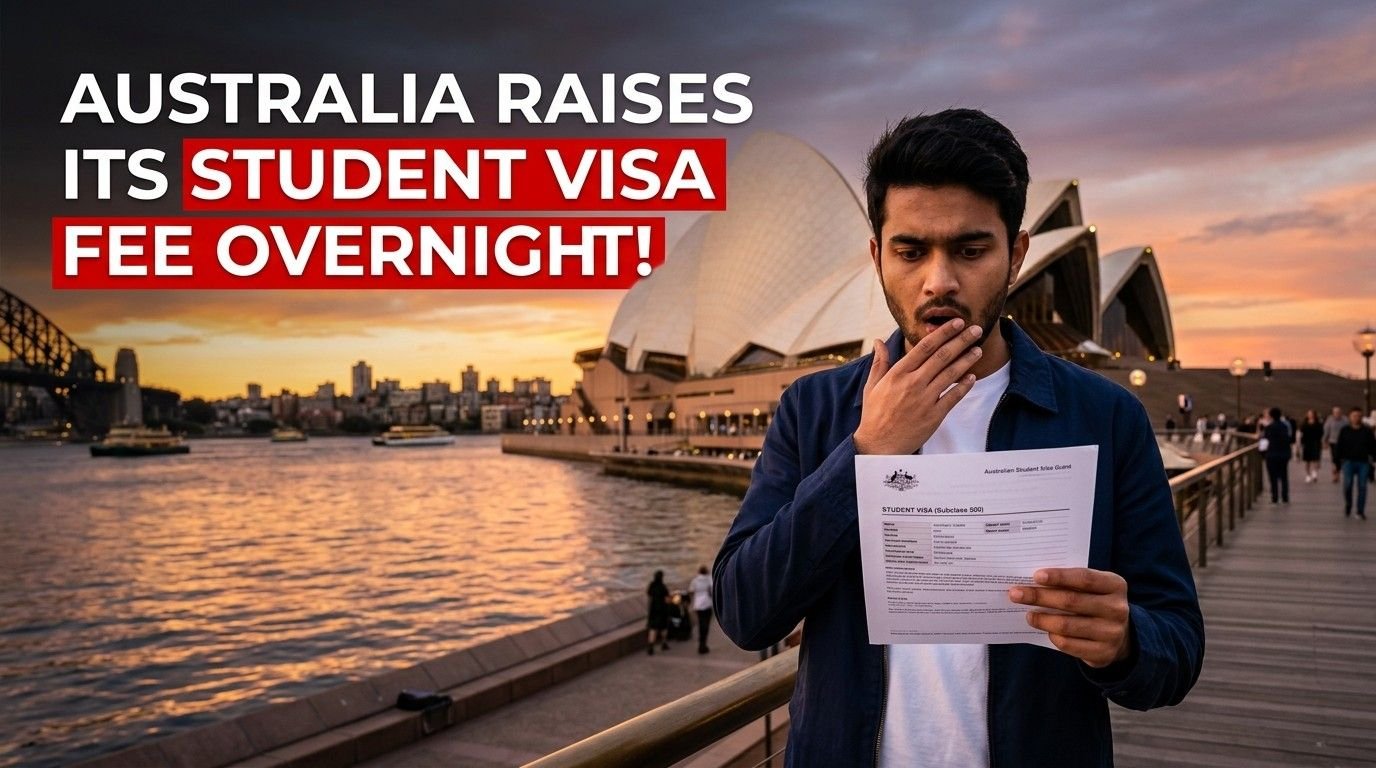 Shocked international student holding Australia Student Visa document after fee increase from $2000 to $2500 in 2026, with Sydney Opera House in background