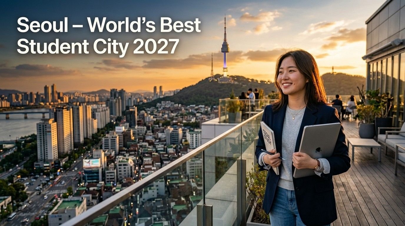 A smiling female student holding a laptop and books on a rooftop terrace overlooking the Seoul skyline and Namsan Seoul Tower at sunset, with text reading "Seoul – World’s Best Student City 2027."