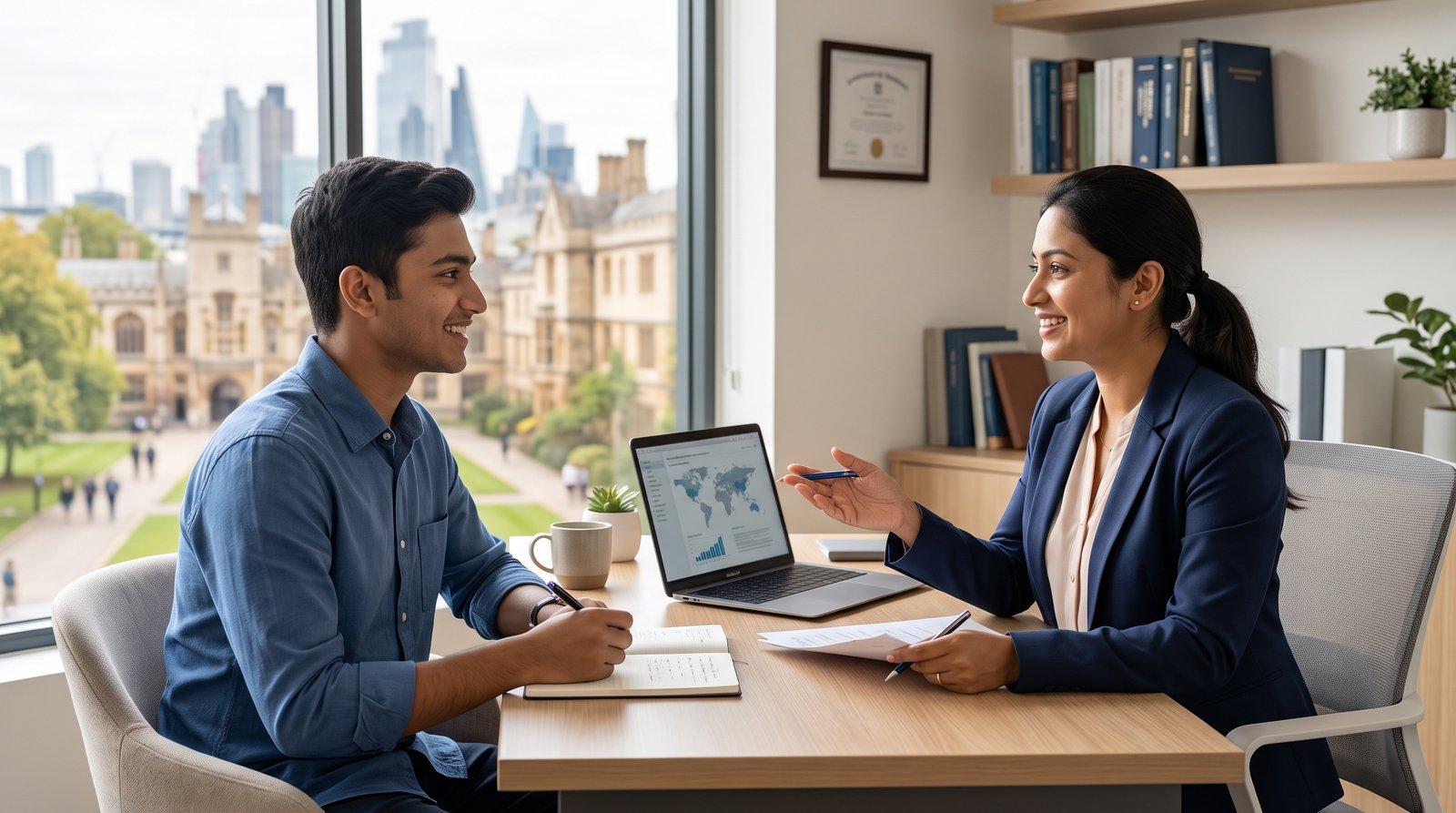 A male Bangladeshi student receives higher education counselling from a female consultant in a top education consultancy in Bangladesh.